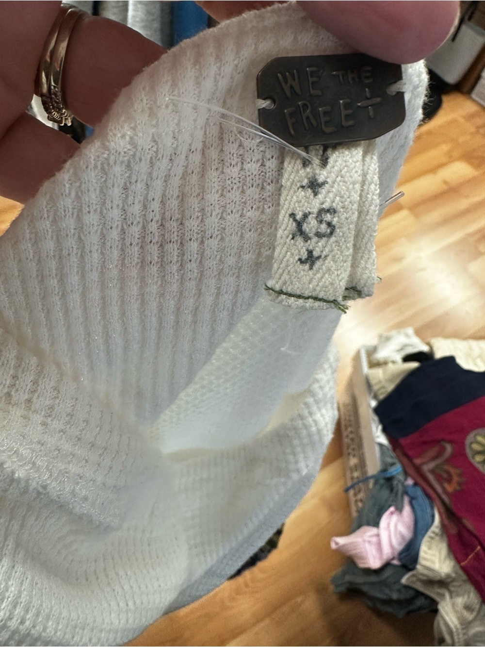 Free People womans White Waffle Knit Top with Patterned Balloon Sleeves size XS - Picture 4 of 4